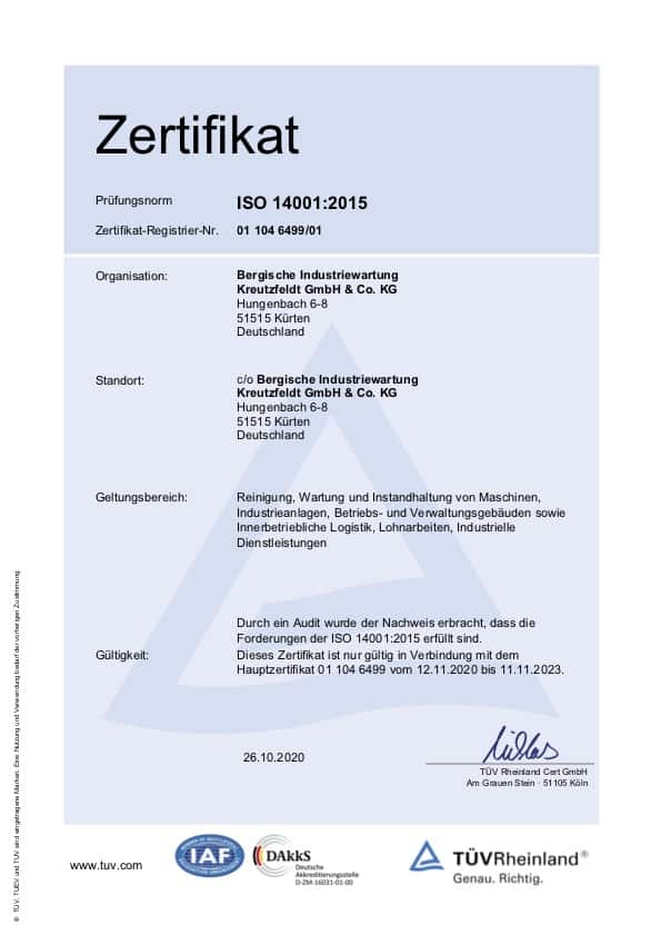 Zertifikat ISO 14001:2015 von BIW