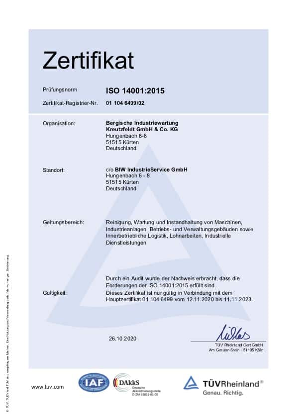 Zertifikat ISO 14001:2015 von BIW