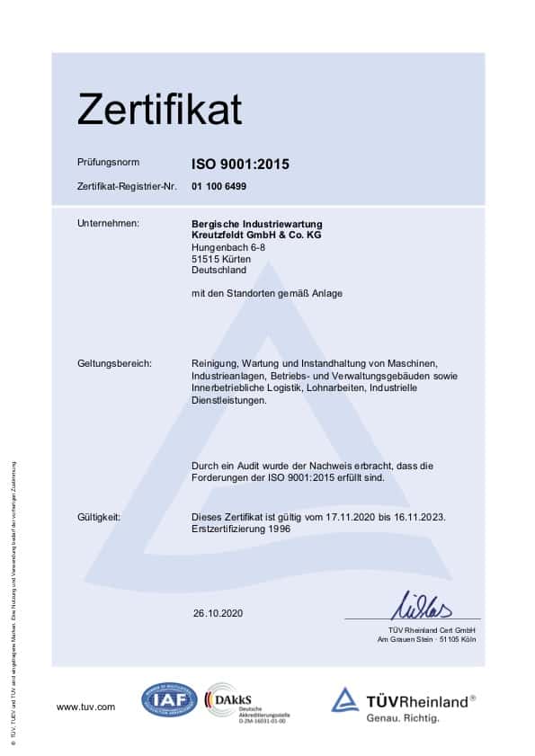 Zertifikat ISO 9001:2015 von BIW