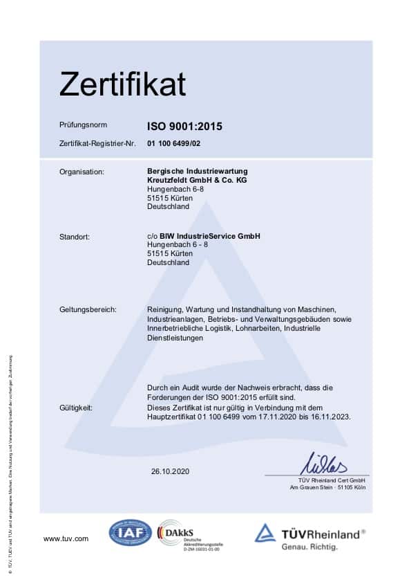 Zertifikat ISO 9001:2015 von BIW