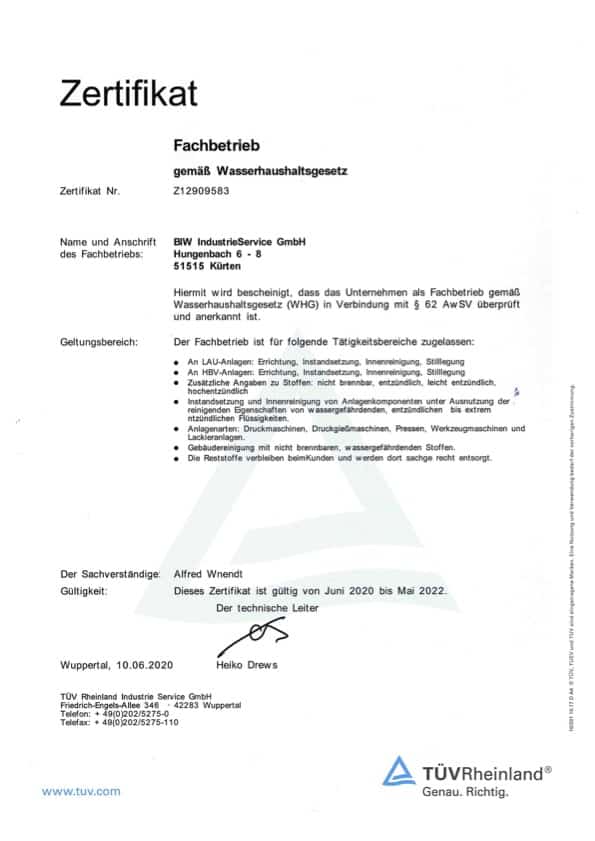 BIW Fachbetrieb gemäß Wasserhaushaltsgesetz
